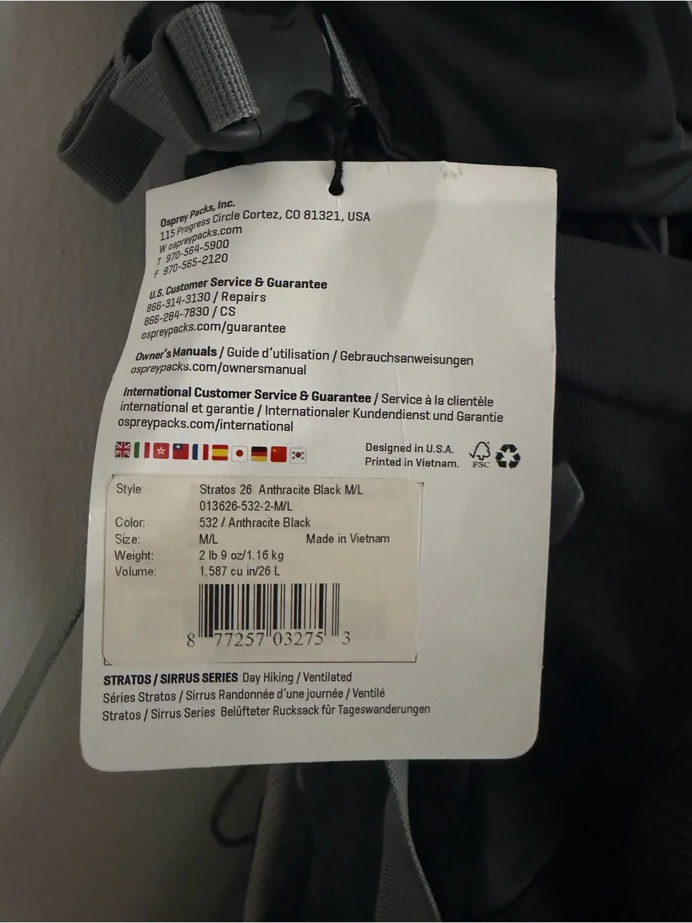 Osprey Stratos 26 Hiking Backpack Anthracite Black Hip Belt Padded Back Pannel